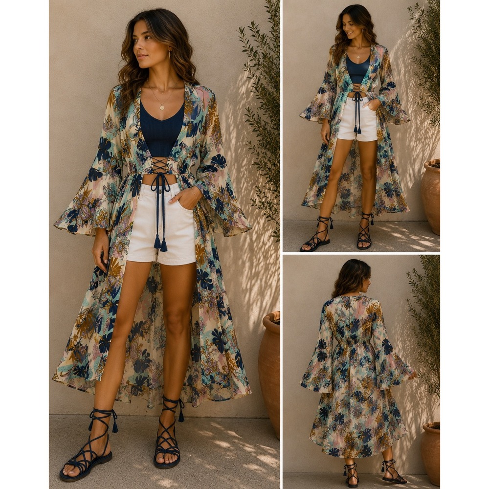 Girl Soul Women XL Paisley Tropical Maxi Dress Bell Sleeve Lace Up High Low Boho